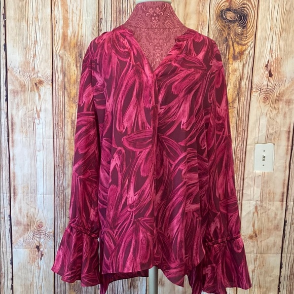 Halson Tops - Halston  Size XL Pink Ruffled Blouse‎ with Mandarin Collar and Puff Sleeves